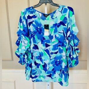 Slim Factor by Investments NWT 3X Blouse Top Ruffle Sleeve Blue Green Abstract